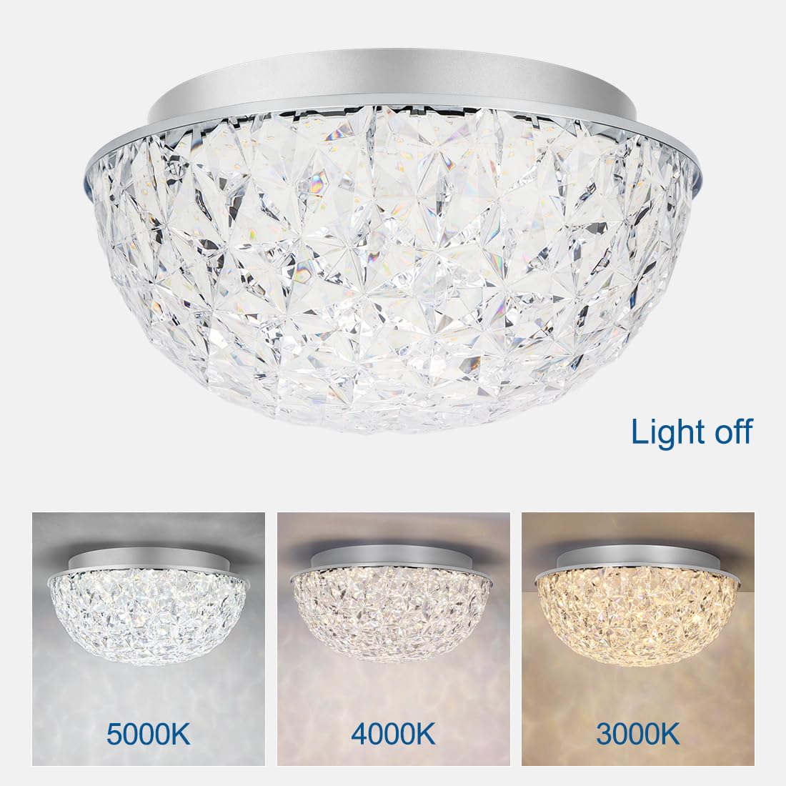 DAKASON LED Ceiling Light Fixture Flush Mount, Crystal Chandelier Modern Ceiling Light for Kitchen, Hallway, Living Room, Foyer, Closet, 12In 15W 1640LM, 3/4/5000K CCT Selectable, Dimmable DAKASON
