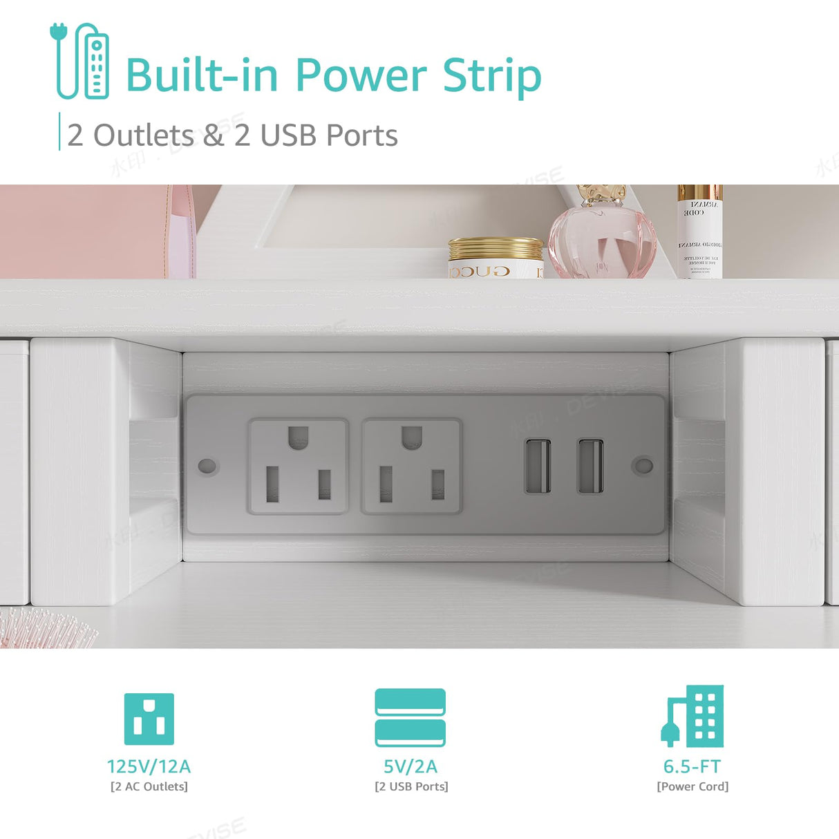 KAI-ROAD White Makeup Vanity Desk with Mirror and Lights, Vanity Set with Chair, Make Up Dresser Table with Drawers and Power Outlet for Girls Bedroom Small Space KAI-ROAD