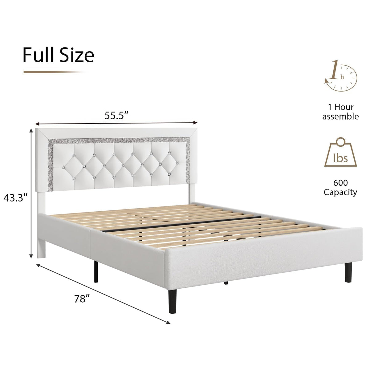 BarnFurin Full Size Bed Frame with Tufted Button Headboard, Upholstered Platform Bed Frame with Diamond Design, Wood Slat Support, No Box Spring Needed, Easy Assembly, White BarnFurin