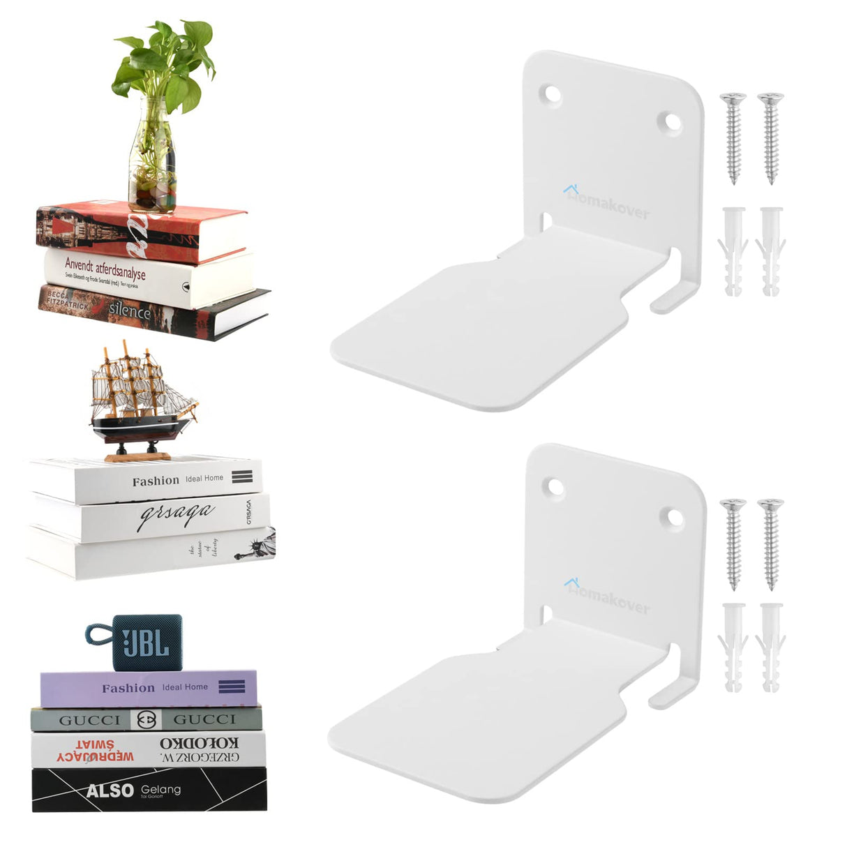 Homakover Invisible Floating Bookshelves, Heavy-Duty Book Organizers, Wall Mounted Bookshelf, Iron Storage Shelves for Bedroom, Living Room, Office (Small) (2 Pieces, White) Homakover