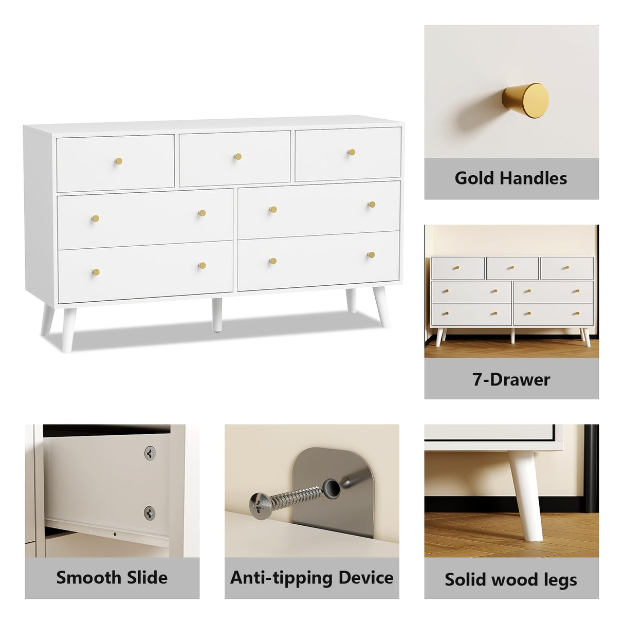 HOUROM White Dresser for Bedroom, Dresser with 7 Drawers, Wood Dressers & Chests of Drawers, Modern Double Dresser with Wide Drawer and Metal Handles HOUROM