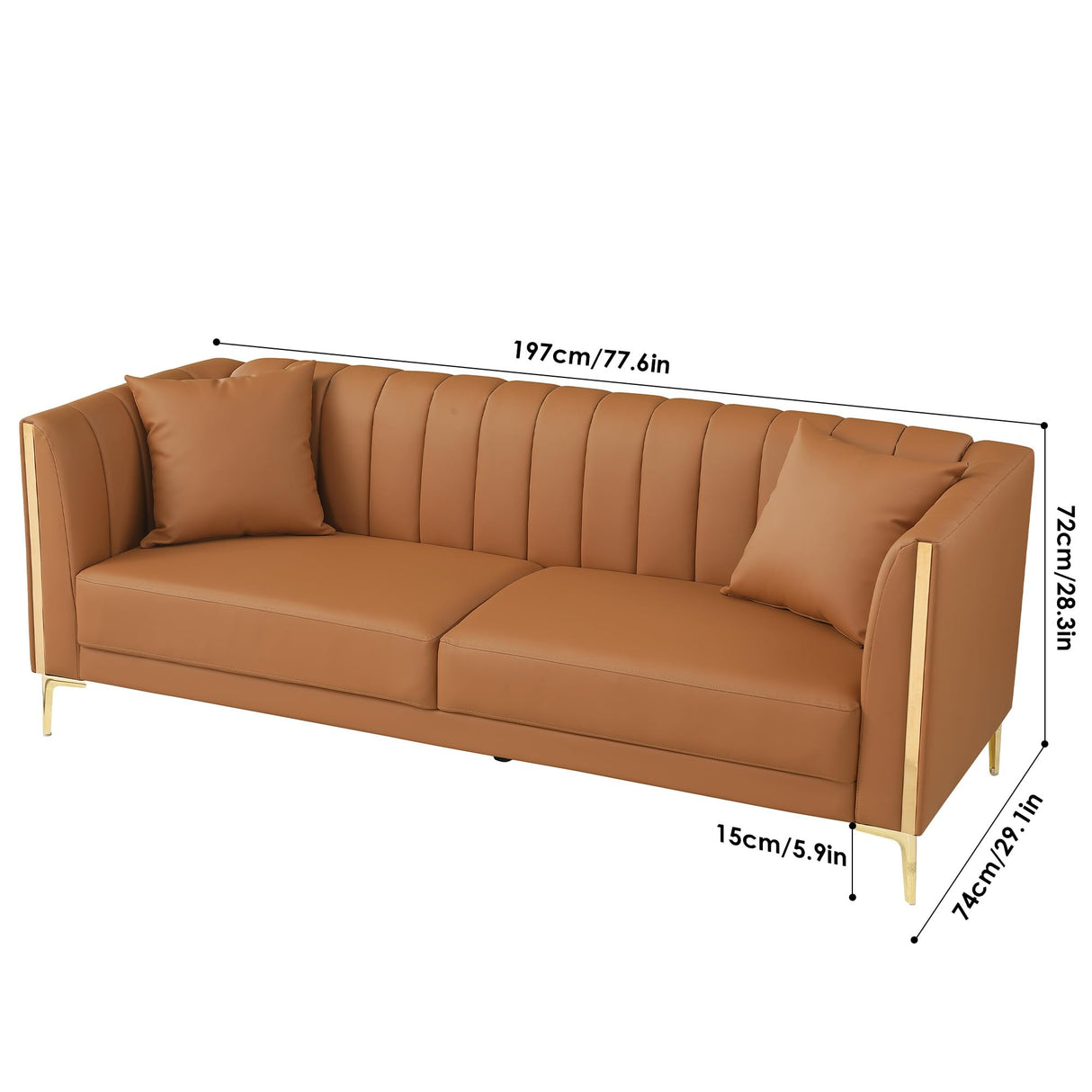 FOTOSOK 78'' Sofa, Modern Leather Couches for Living Room, Comfy, Faux Leather Sofa 3 Seater Sofa with 2 Throw Pillows and Gold Metal Legs, Deep Seat Sofas (Brown) FOTOSOK