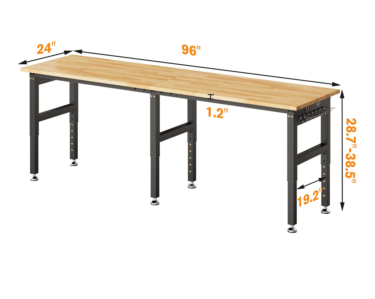 SPECRAFT 96“ Adjustable Heavy Duty Workbench with 4 AC Outlet and 2 USB Ports Power Outlets, 5000 Lbs Capacity, Rubber Wood Top for Garage, Workshop, Office SPECRAFT