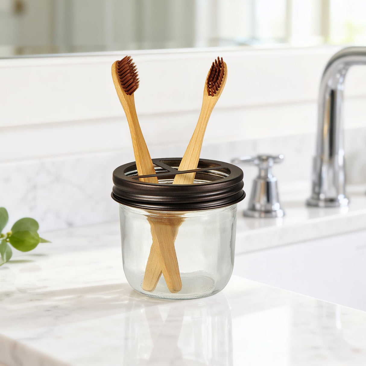 Amolliar Mason Jar Bathroom Accessories Set 4 Pcs -Lotion Soap Dispenser & 2 Qtip Holders & Toothbrush Holder - Rustic Farmhouse Decor, Bathroom Home Decor (Bronze) Amolliar