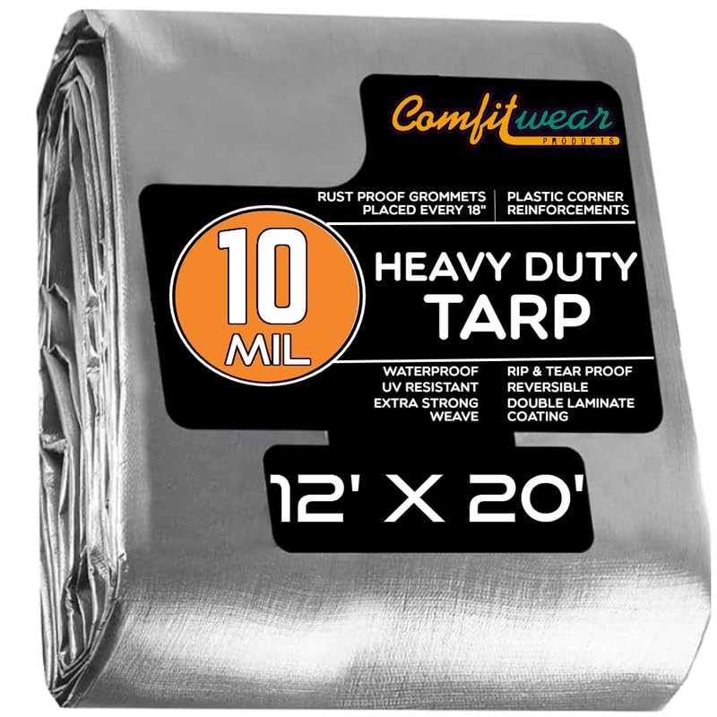 COMFITWEAR Super Heavy Duty Tarp Cover Reinforced Grommet Multi-Purpose Pool Cover Boat Tarp Camping Tarp UV Resistant Waterproof Tarpaulin Canopy Tent Waterproof Tarp Cover (Silver-Black, 20' X 40') COMFITWEAR