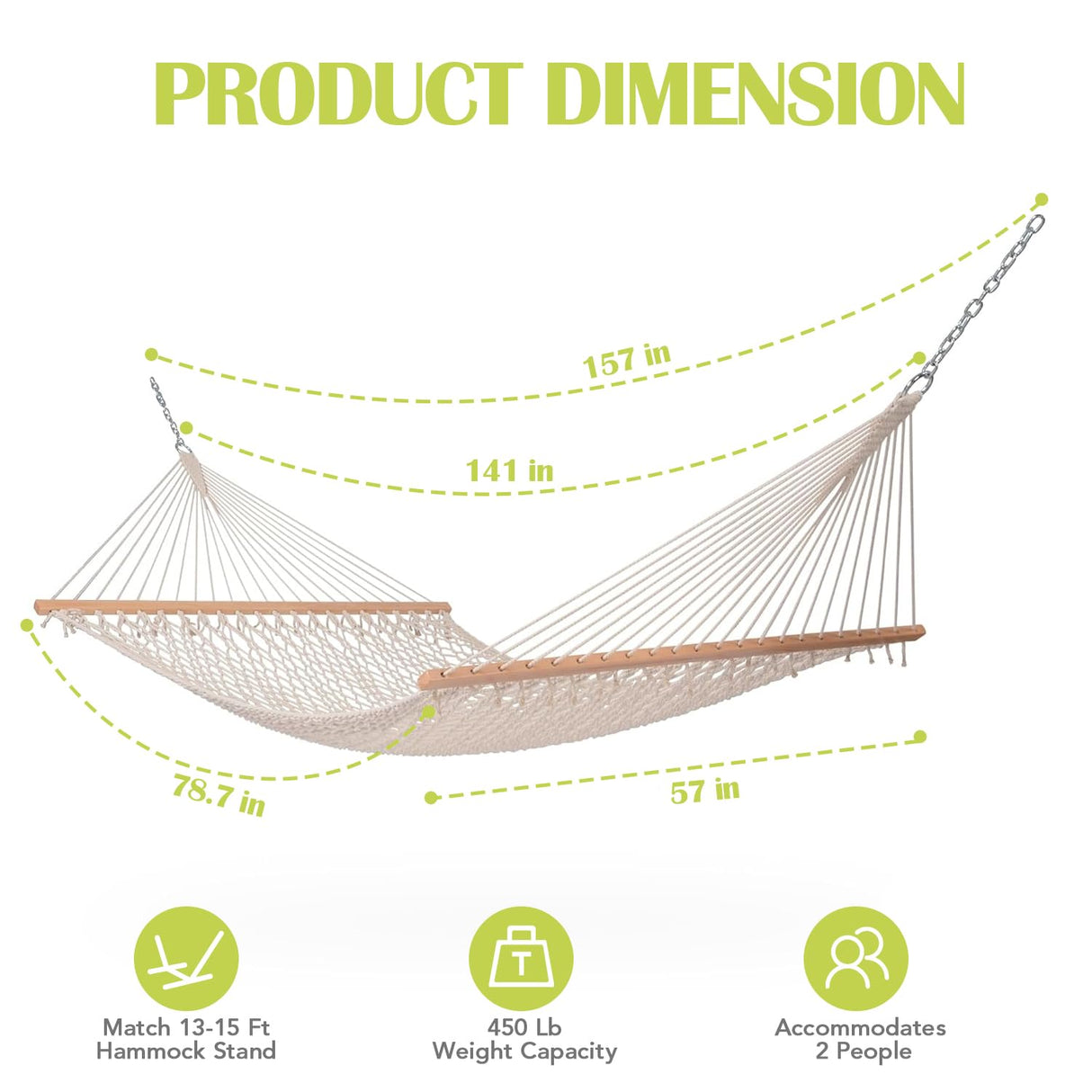 Lazy Daze Hammocks 12FT Double Rope Hammocks, 2 Person Hand Woven Cotton Hammock with Spreader Bar for Outdoor, Indoor, Patio, Poolside, FIT 13-15 Foot Stand, Max 450 Lbs, Natural, 141 x 57 inches Lazy Daze Hammocks
