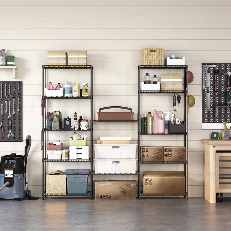 SONGMICS 6-Tier Storage Shelves, Wire Shelving Unit, Kitchen Metal Shelves, Storage Rack with Adjustable Shelves, Shelf Liners, 8 Hooks, for Garage, 11.4 x 23.2 x 63 Inches, Black ULGR066B01 SONGMICS