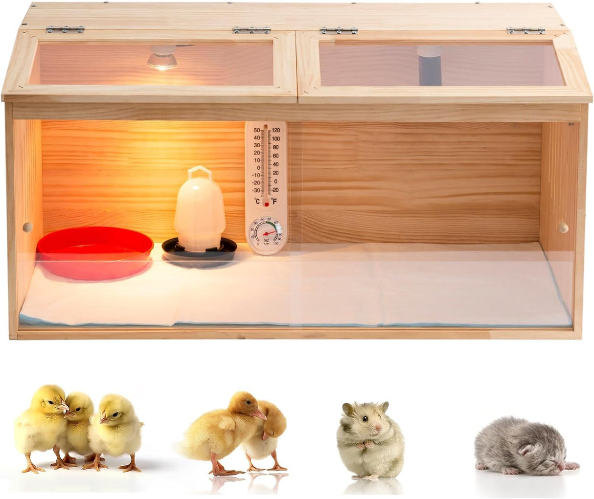 Large Wooden Chicken Brooder Box with Bulb Set and Thermometer - Brooder Box for Chicks Indoor Accommodates Up to 25 Chicks - Ideal for Chickens, Ducks, Quails, Hamsters, and Lizards(32x16x16 Inches) UYDJKLS