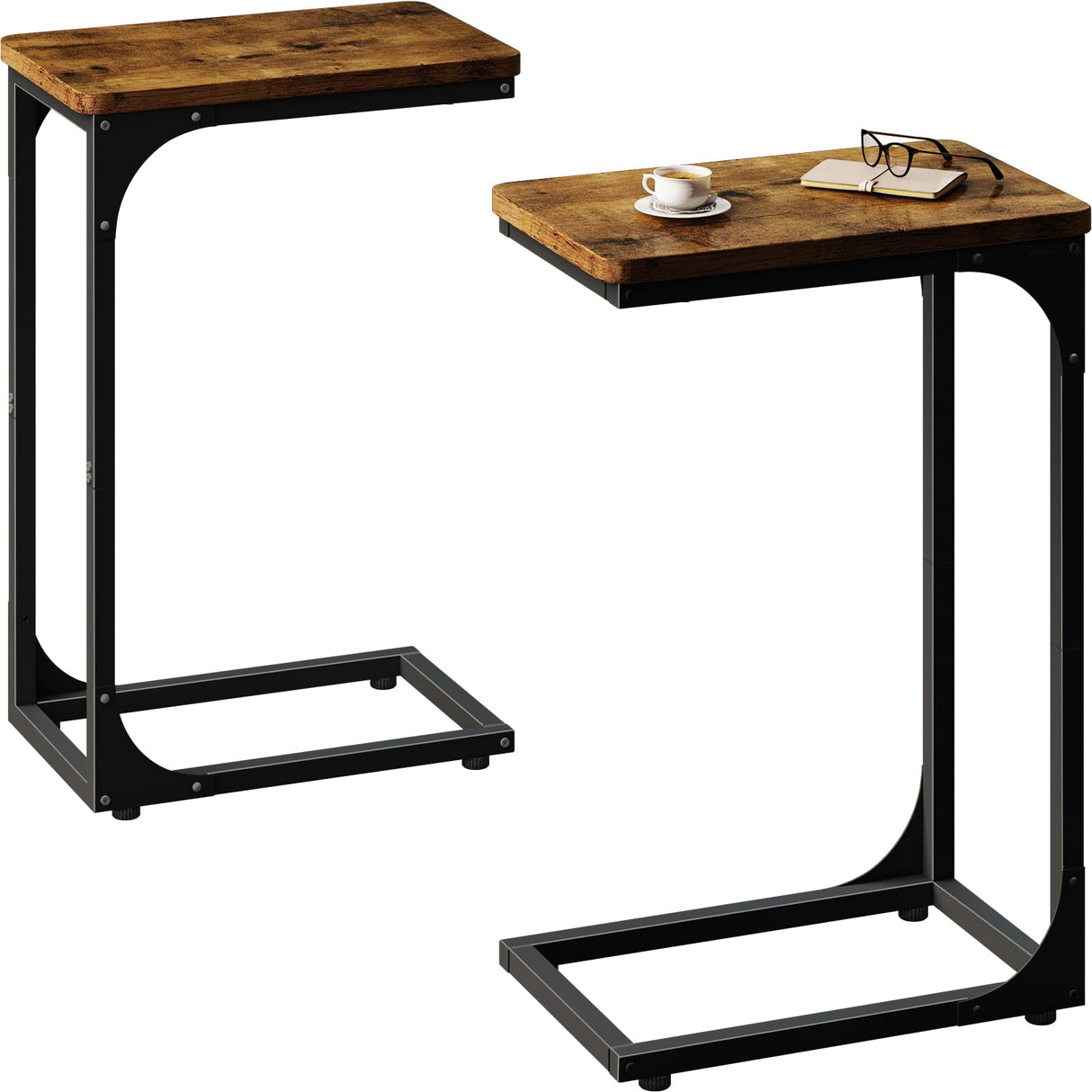 QEEIG Narrow C Shaped Side Table Set of 2 Living Room Sets Slim Couch Tray Tables Skinny Thin Small Farmhouse 9.5 inch Width, Rustic Brown (017-24BN) QEEIG