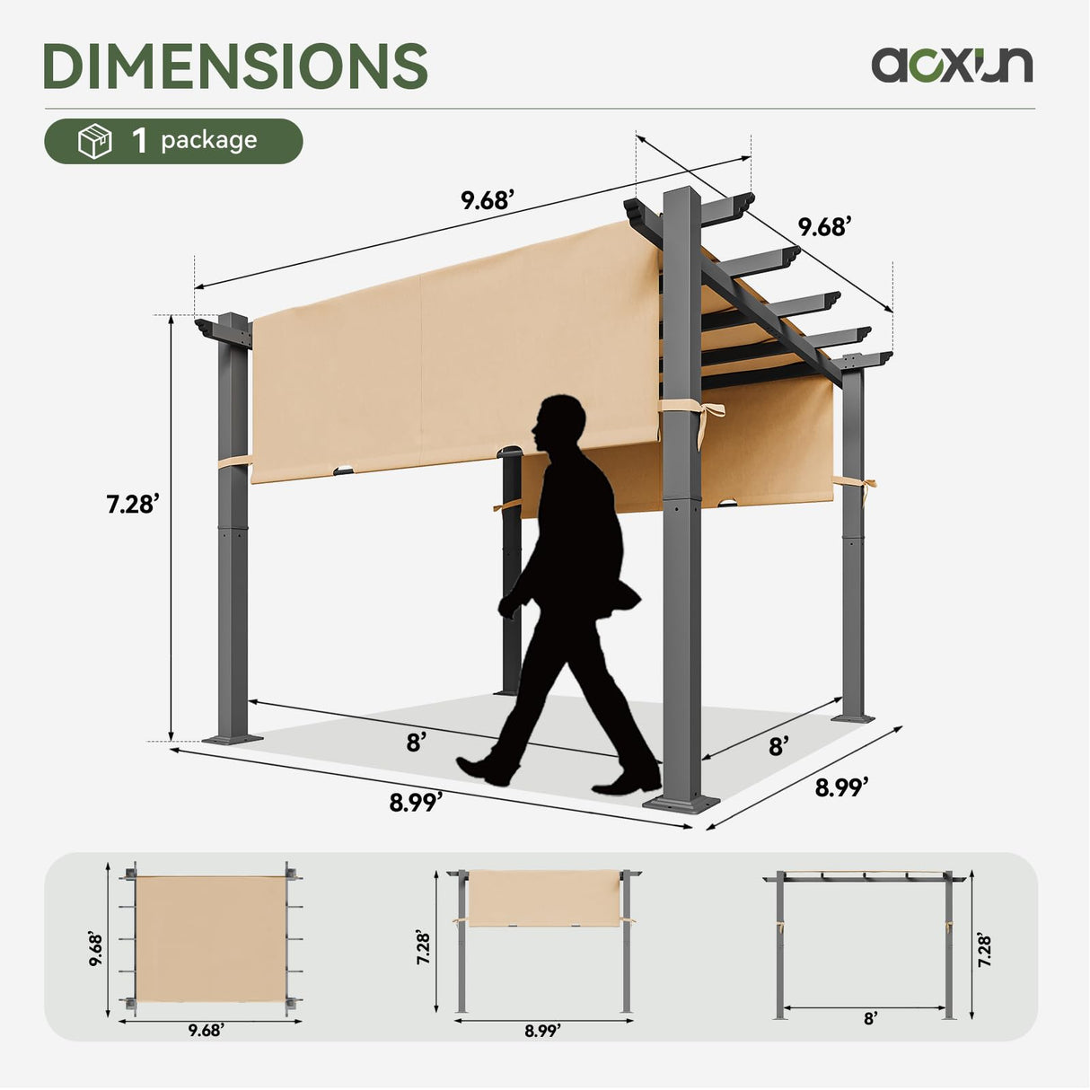 Aoxun 10'x10' Outdoor Pergola, Heavy-Duty Aluminum Pergola Patio, Modern Pergola with Retractable Sun Shade Canopy for Garden, Deck and Backyard Aoxun