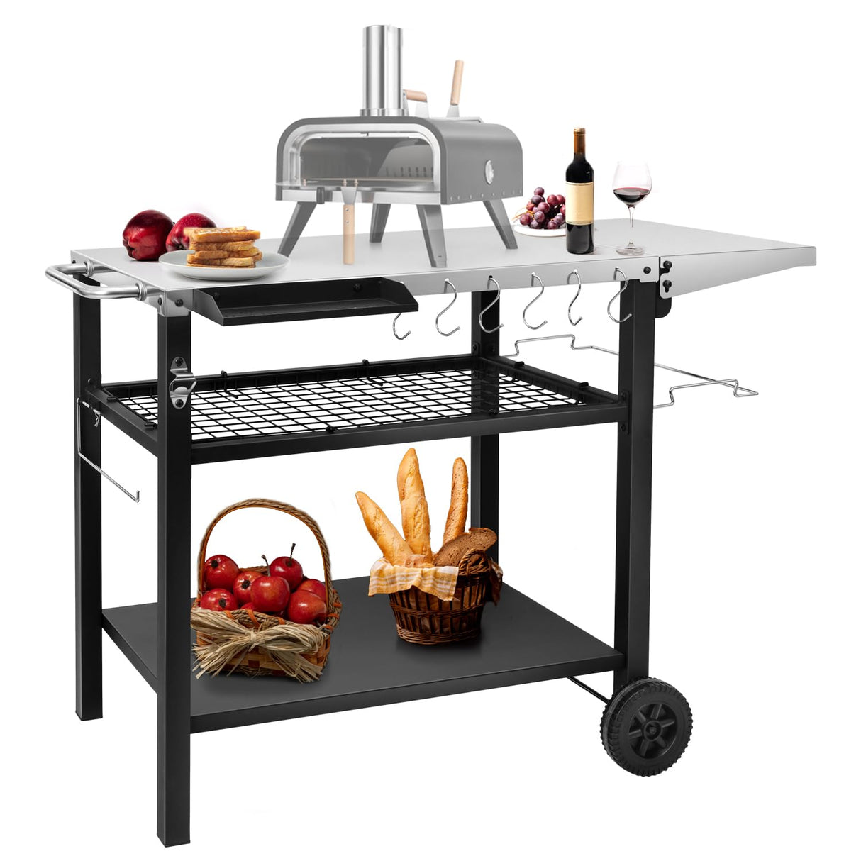 EDOSTORY Outdoor Grill Cart Table Pizza Oven Stand, Three-Shelf Stainless Steel Food Prep Table Patio BBQ Grill Table Bar Cart Kitchen Island with Wheels EDOSTORY