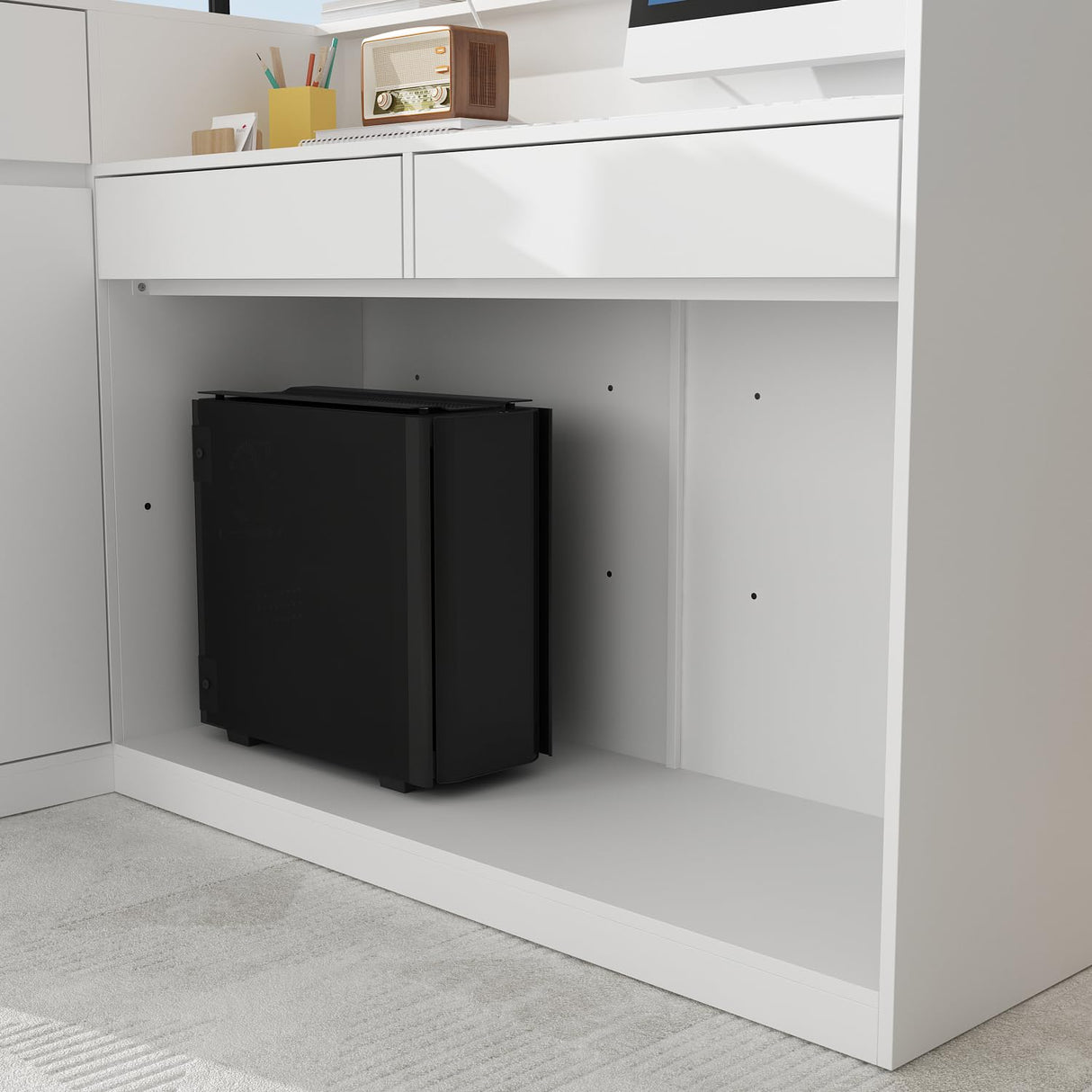 ECACAD Large L-Shaped Reception Desk with 3 Drawers, 15 Open Shelves, Counter Top & Monitor Stand, Office Desk Reception Counter Table with File Cabinet, White (70.9”L x 47.2”D x 39.43”H) ECACAD