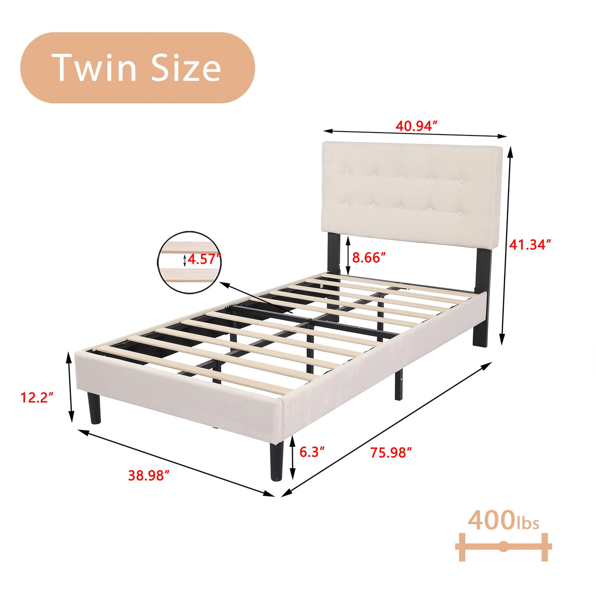 alazyhome Twin Size Upholstered Platform Bed Frame with Button Tufted Velvet Headboard Wood Slat Support Easy Assembly No Box Spring Needed Beige alazyhome
