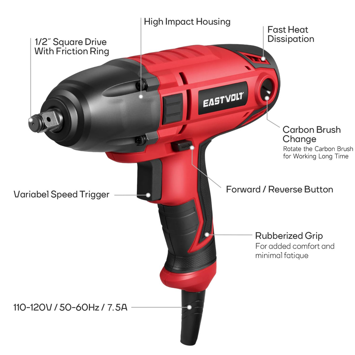 Eastvolt 800W Electric Impact Wrench, Heavy Duty 7.5 Amp Corded Max Torque 450 Ft-lbs 3400 RPM, 1/2 Inch with Hog Ring Anvil Eastvolt