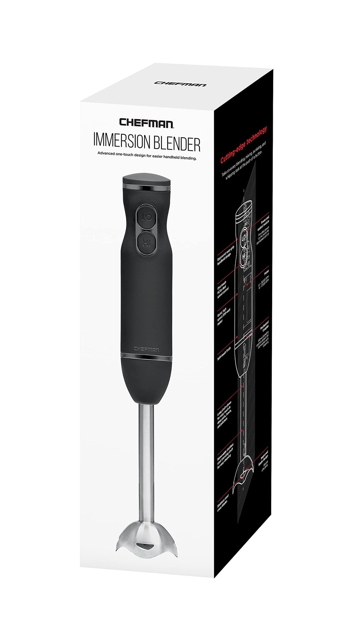 Chefman Immersion Stick Hand Blender Powerful Electric Ice Crushing 2-Speed Control Handheld Food Mixer, Purees, Smoothies, Shakes, Sauces and Soups, Black Chefman