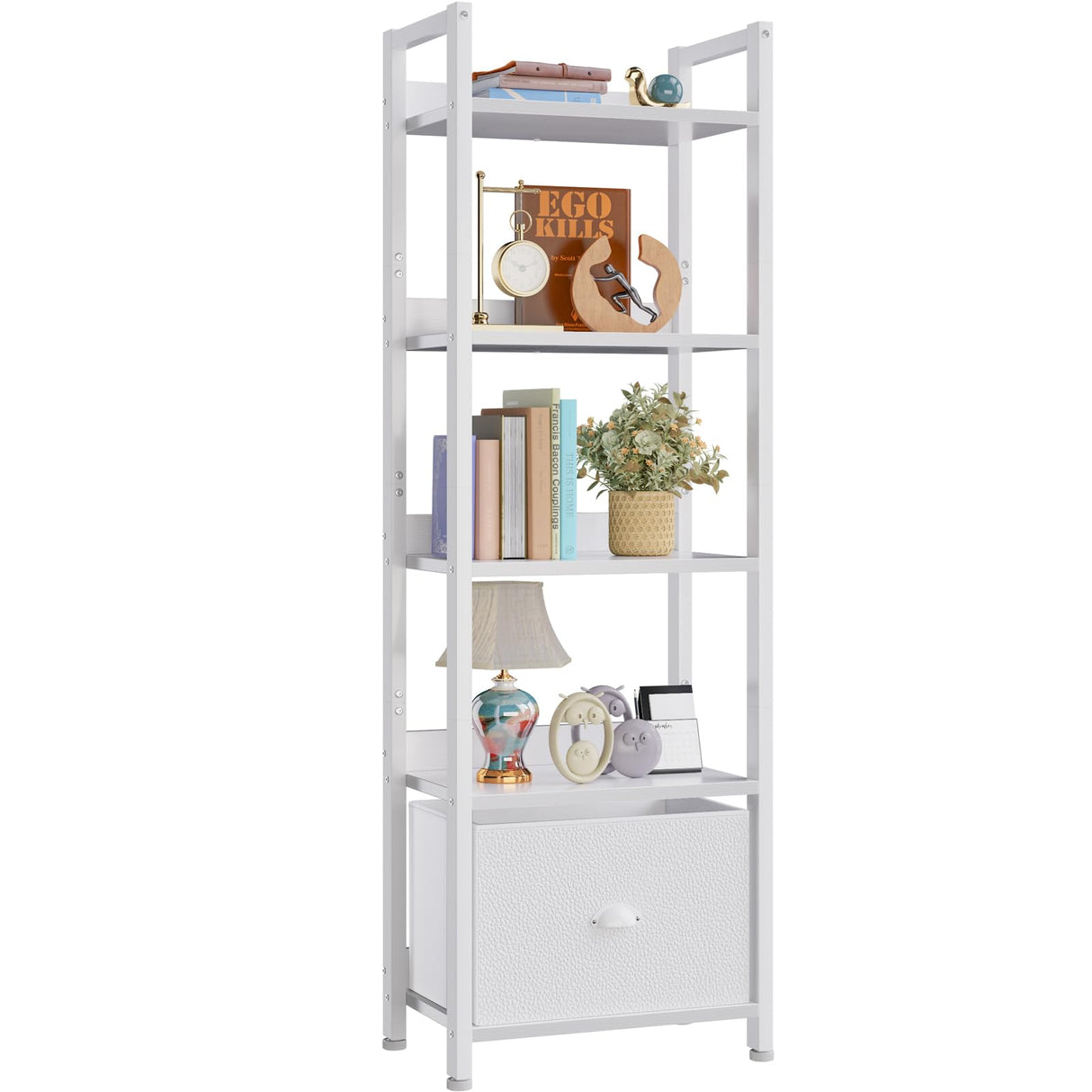 Furologee 5 Tier Bookshelf with Drawer, Tall Narrow Bookcase with Shelves, Wood and Metal Book Shelf Storage Organizer, Modern Display Standing Shelf Unit for Bedroom, Living Room, Office, White Furologee