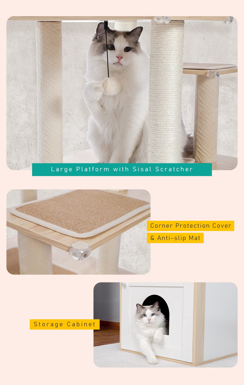 PETEPELA 56.7" Cat Tree with Litter Box Enclosure Large, Wood Cat Tower for Indoor Cats with Storage Cabinet and Cozy Cat Condo, Sisal Covered Scratching Post and Repalcable Dangling Balls, Beige PETEPELA