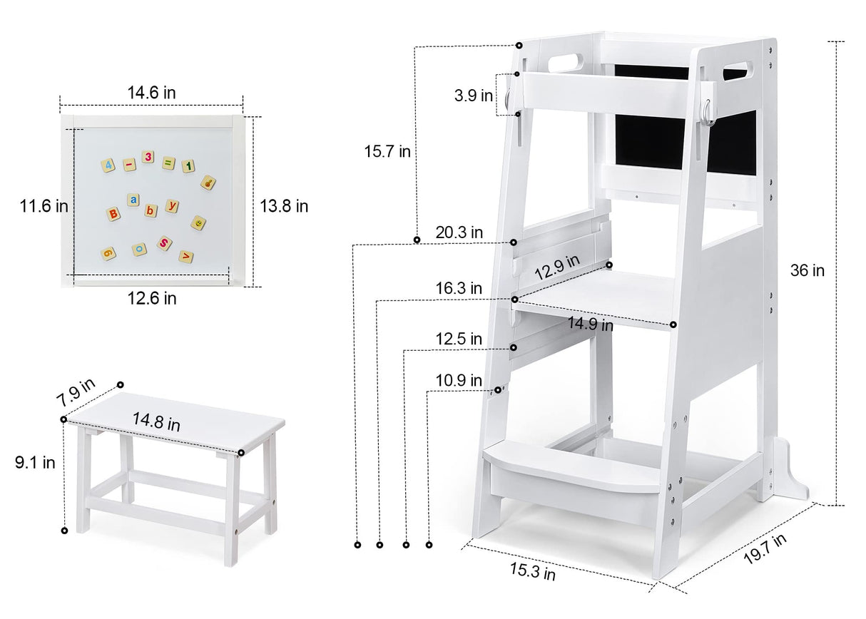 TOETOL Bamboo Toddler Step Stool White Kitchen Counter Learning Helper Standing Tower Ktchen Stool for Toddler 3 Height Adjustable with Chalkboard Message Boards, Small Step Stool, Non-Slip Mat TOETOL