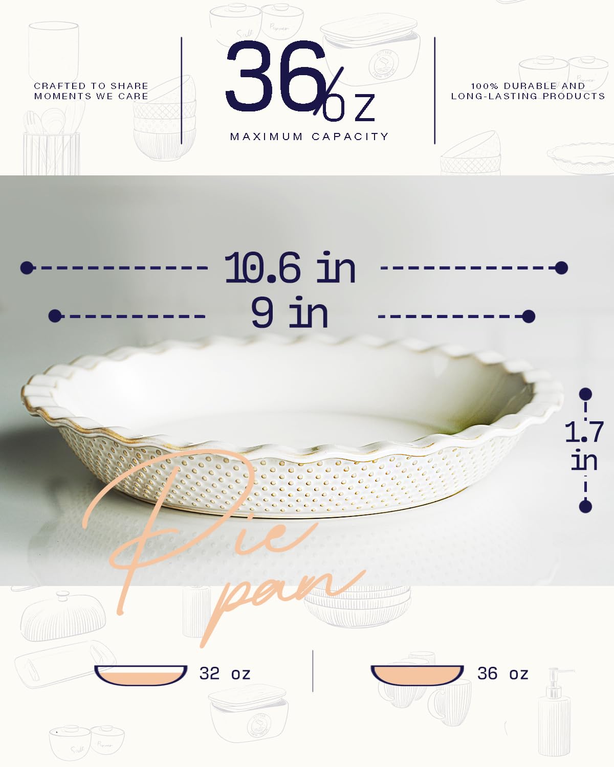 getstar Ceramic Pie Pan Set of 2, 9 inch Pie Dish for Baking, Non-Stick, Oven & Dishwasher Safe, Farmhouse Decor Quiche Baking Dish, Pie Plate, Deep Dish Pie Pan (Embossed Stripes+Dots) getstar