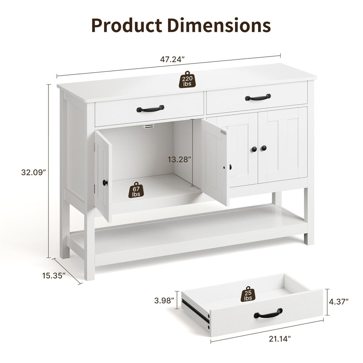 Gizoon 47'' Buffet Sideboard Cabinet with Storage, Modern Farmhouse Coffee Bar with 2 Drawers and Doors, Entryway Table with Shelf for Living Room, Kitchen and Hallway Gizoon