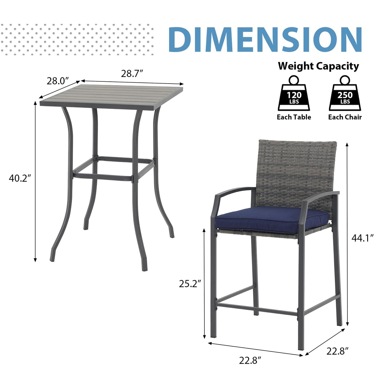 JOIVI 3 Piece Patio Bar Set, Outdoor Wicker Counter Height Bar Stools and Wood Top Table Set for 2 People, Bar Height Table Bistro Set with 2 Bar Chairs and Cushions for Backyard, Balcony JOIVI