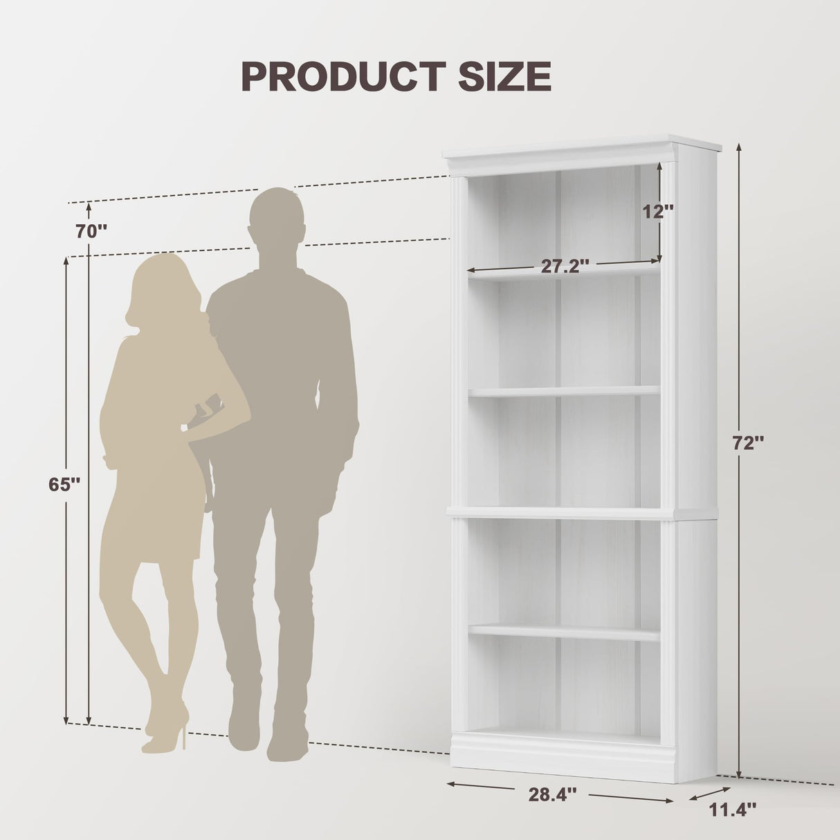 YESHOMY 72" Bookcase and Bookshelf, 5-Tier Wood Bookcases with Shelves, Tall Floor Standing Book Shelf Storage Cabinet Home Decor Furniture for Living Room, Home Office, White, 1 PCS YESHOMY