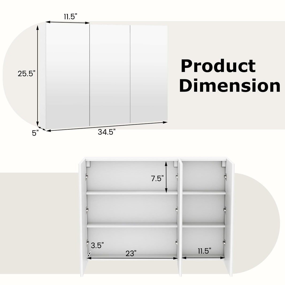 Tangkula Mirrored Medicine Cabinet, Large Wide Wall Mounted Storage Cabinet with 3 Mirror Doors & Adjustable Shelf, Hanging Bathroom Organizer, White, 34.5 x 5 x 25.5 Inches Tangkula