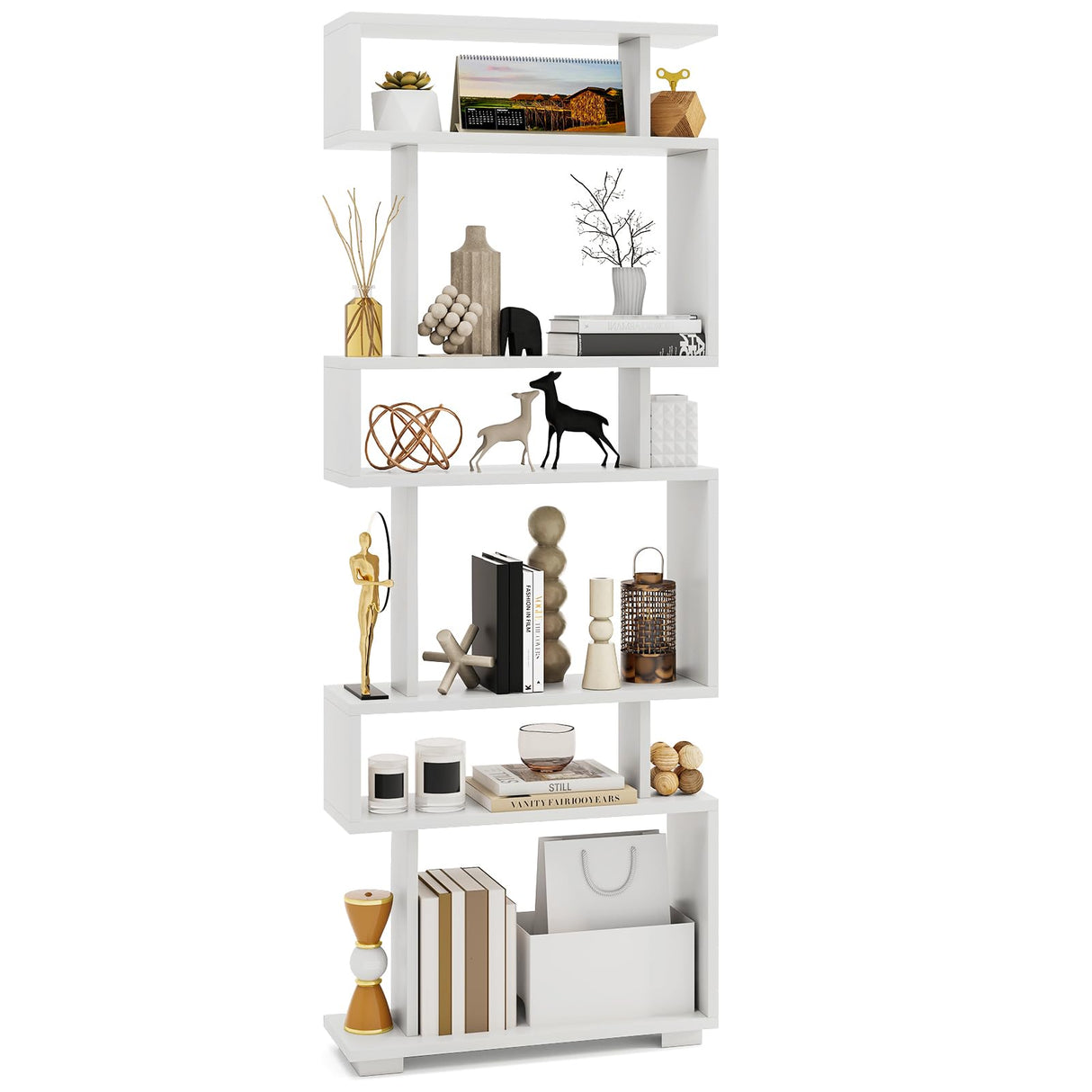 Tangkula 6-Tier S Shaped Bookcase, 64" Tall Modern Geometric Bookshelf with Anti-Tipping Kit, Home Office Freestanding Decorative Storage Display Shelf Room Divider for Living Room Study (1, White) Tangkula
