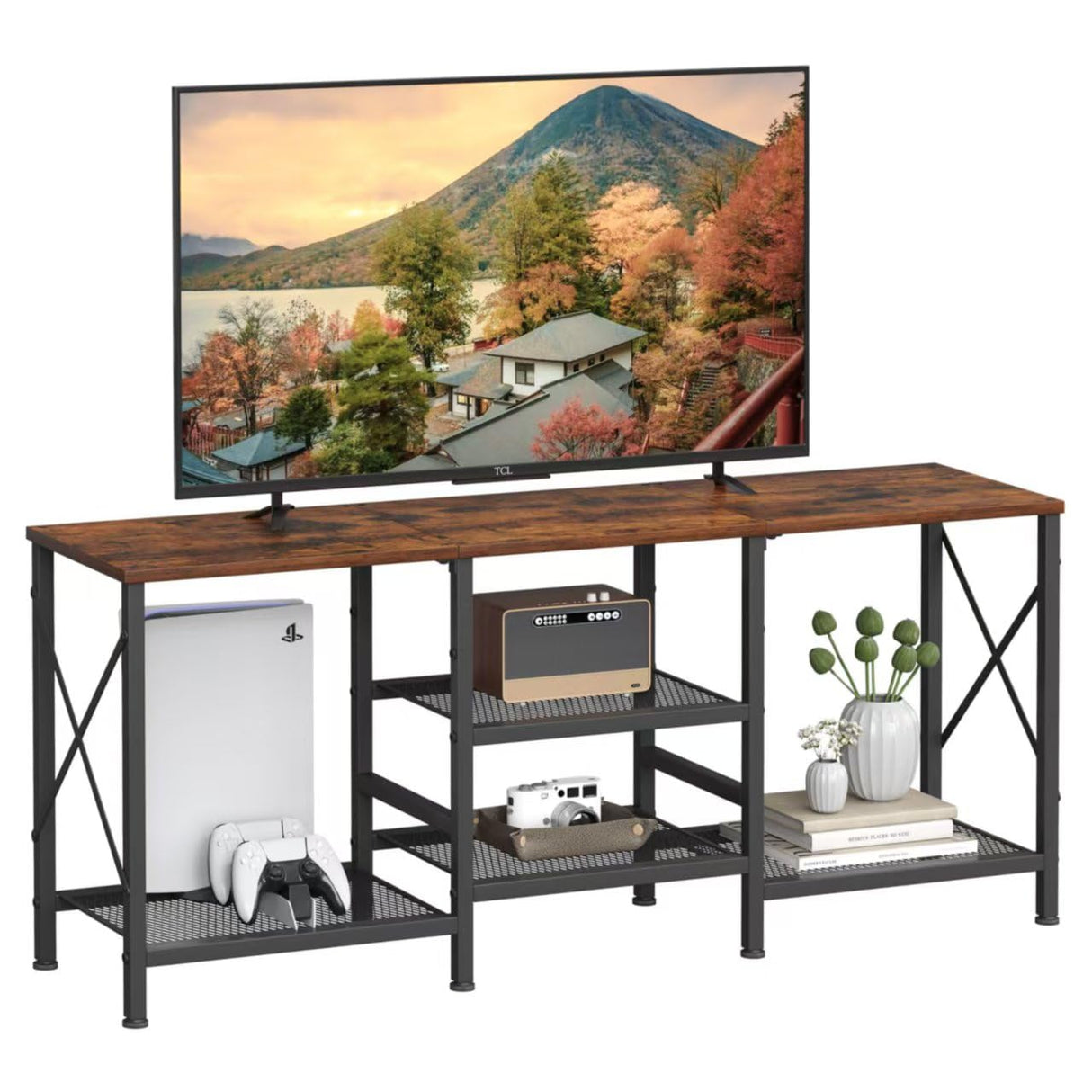 JARHETUN TV Stand for 55 Inch TV, Entertainment Center with 3-Tier Open Shelves, TV Console Table for Living Room, Bedroom, Rustic Brown JARHETUN