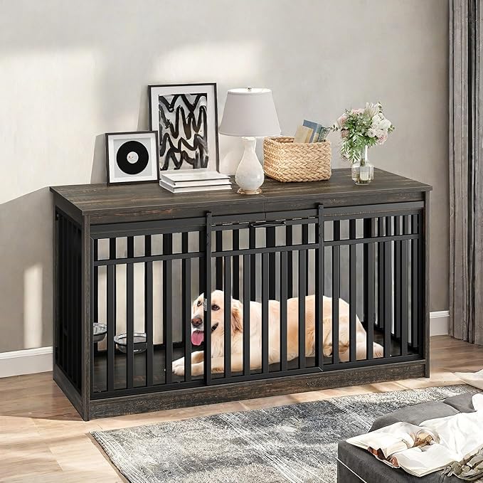 YITAHOME 55 Inch Large Dog Crate Furniture, Heavy Duty Wooden Dog Crate TV Stand with 2 Dog Bowls, Metal Dog Kennel Indoor Furniture Sliding Barn Door Design for Extra Large Dogs, Black Oak YITAHOME