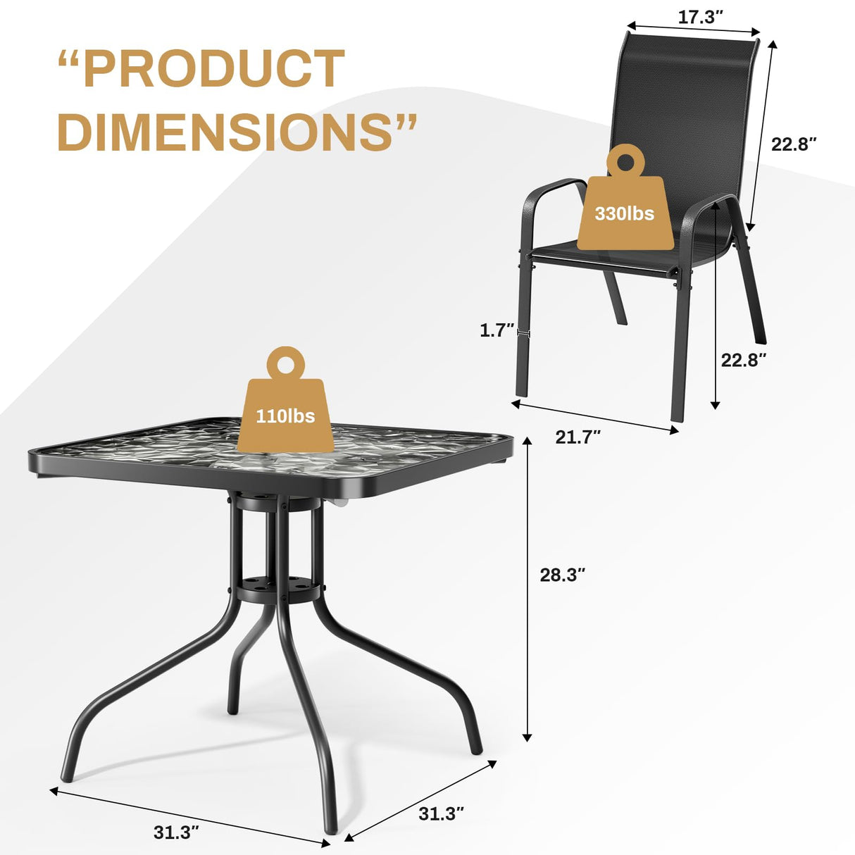 Arlopu 5 Piece Outdoor Patio Dining Set (Umbrella not Included), Porch Furniture with 4 Textline Chairs, 1 Square Glass Table for Garden, Backyard and Poolside, Lawn (Black) Arlopu