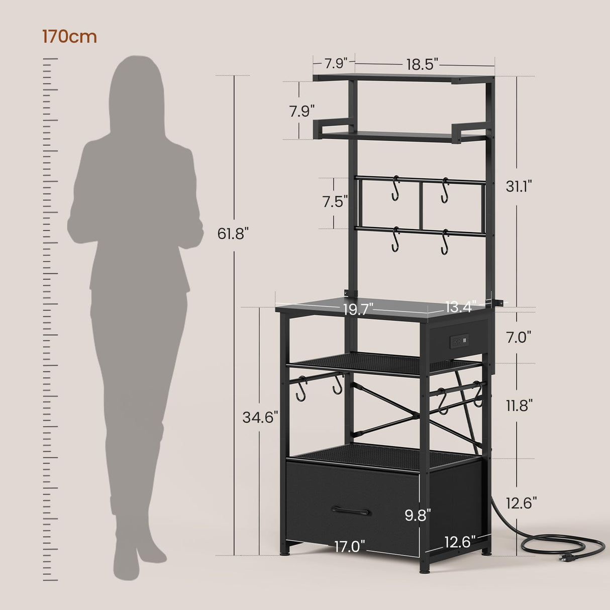 Itaar 6 Tier Bakers Rack, Coffee Station with Power Outlet, Farmhouse Small Coffee Bar with Drawer for Small Space, Microwave Stand with Storage and 8 Hooks for Kitchen, Living Room (Black) Itaar