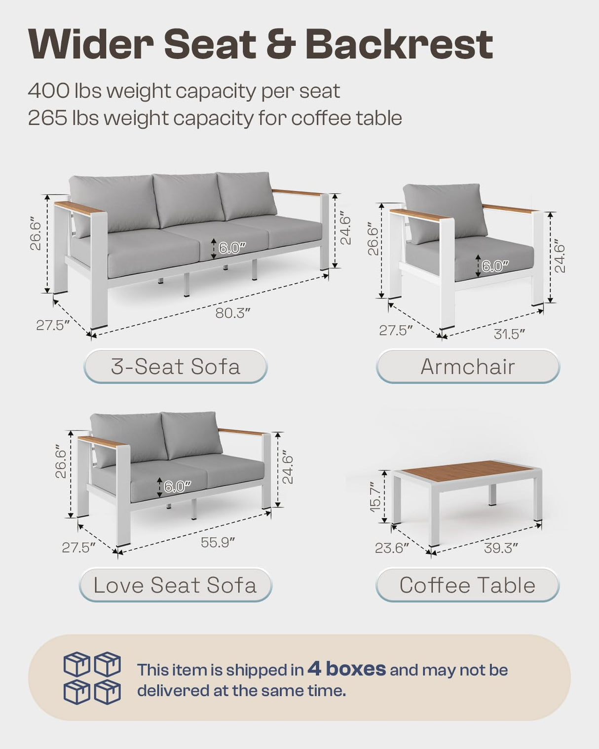 Oasbira Aluminum Outdoor Patio Furniture Set with Coffee Table, 5 Piece Patio Conversation Sets with Washable Thick Cushions, Patio Sectional Furniture Set for Porch, Balcony, Deck, White Oasbira