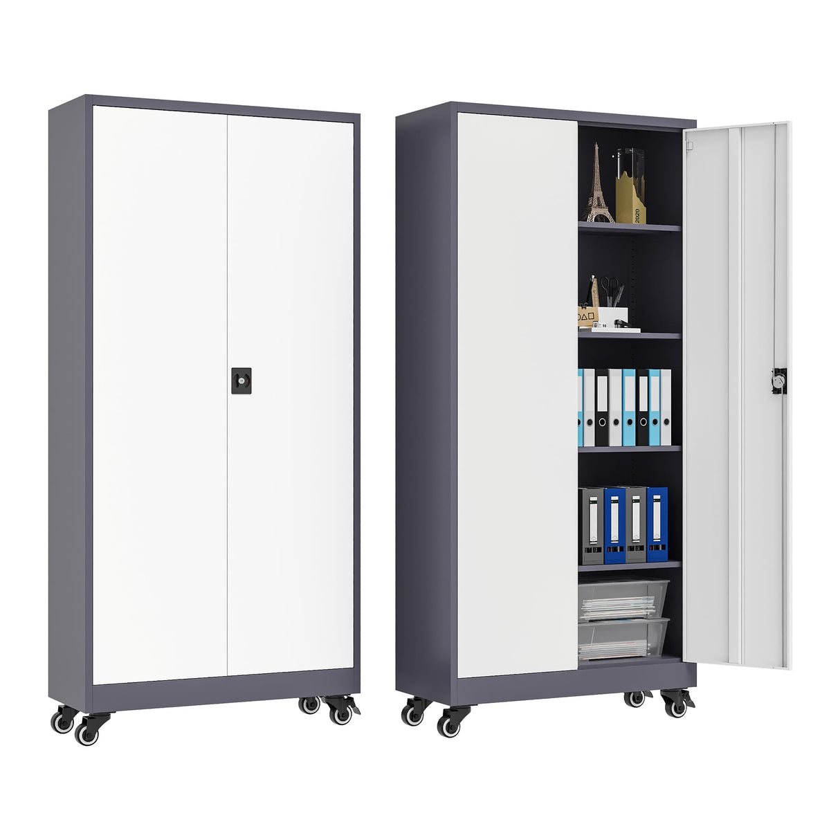 Metal Locking Storage Cabinet with Wheels, 2 Doors and 4 Adjustable Shelves, 73" Tall Rolling Garage Storage Cabinet with Lock for Home Office, Pantry, Tool Organizer (Gray White, 73"H -2 Door) heycode