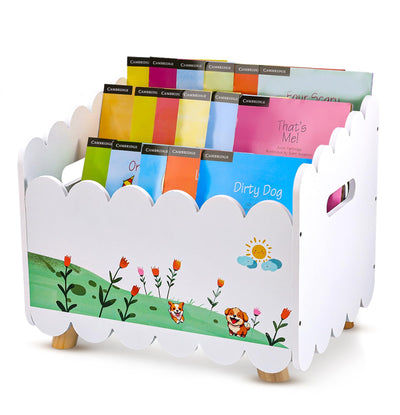 QwayHome Wood Kids Bookshelf with 2 Adjustable Dividers - Montessori Bookshelf for Nursey Room or Playroom - Toy Storage Oragnzier with Handle - Toddler Book Shelf for Bedroom Livingroom Classroom