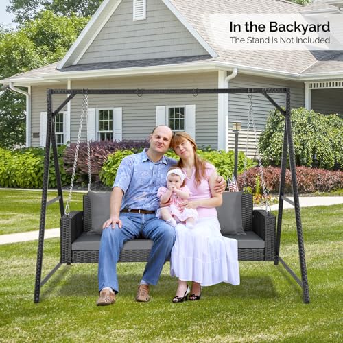 VINGLI Heavy Duty 800 LBS Wicker Hanging Porch Swing with Cushions & Chains, 5FT Outdoor Rattan Swing Bench for Garden, Yard, Lawn (Black) VINGLI