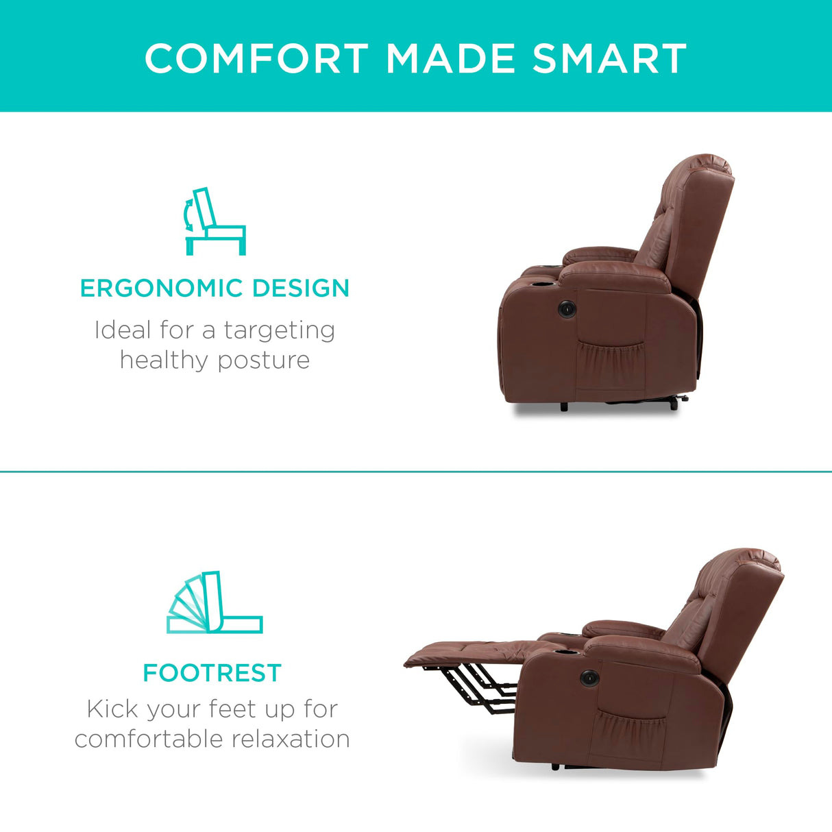 Best Choice Products PU Leather Electric Power Lift Chair, Recliner Massage Chair, Adjustable Furniture for Back, Legs w/ 3 Positions, USB Port, Heat, Cupholders, Easy-to-Reach Side Button - Brown Best Choice Products