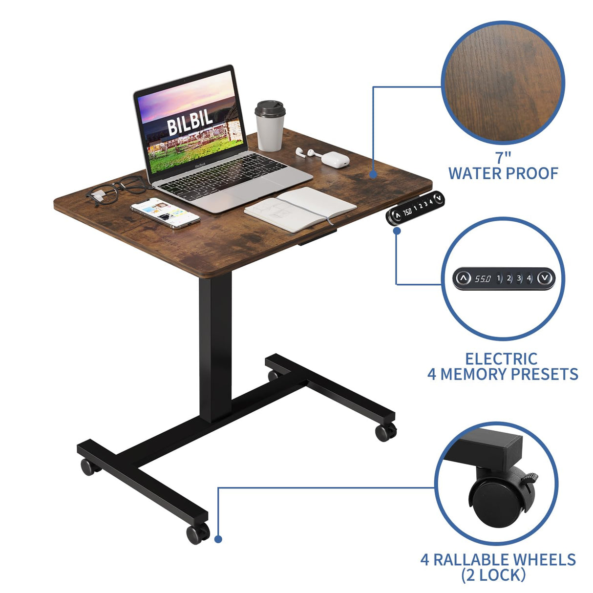 BilBil Electric Standing Desks with Lockable Wheels, 32*24 inch Height Adjustable Sit to Stand Desk, Overbed Laptop Table Desk, Mobile Rolling Desk, bilbil