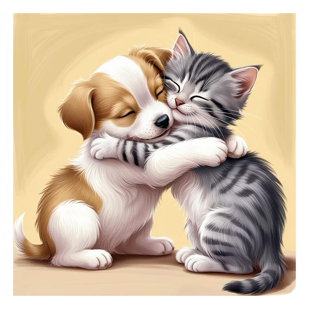 SJUTOUCI Dog and Cat Diamond Painting Kits for Adults, Diamond Art Kits for Beginners, 5D Round Diamond Dots Gem Art Craft for Home Wall Decor 12x12 inch, Animals SJUTOUCI