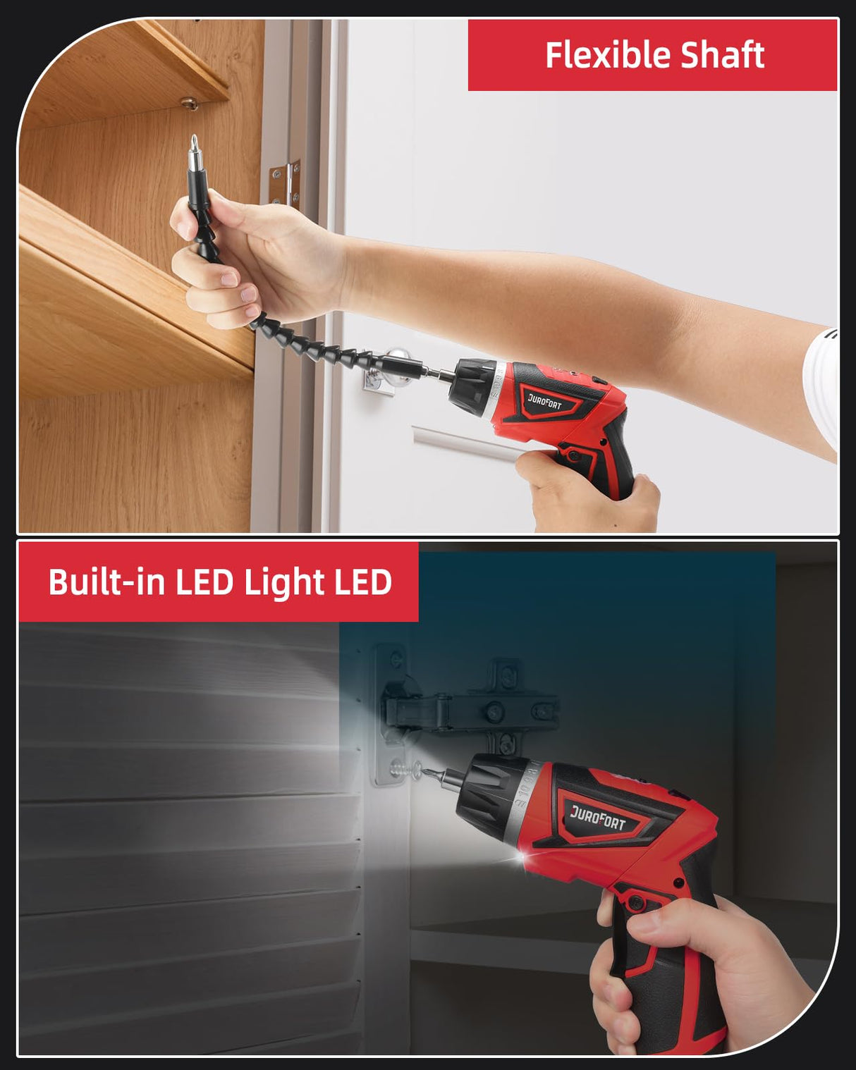 Cordless Electric Screwdriver Set, 8V Max 10Nm Rechargeable Power Electric Drill, Battery Screw Gun with 28pcs Driver Bit Set, 320RPM/10+1 Torque Setting, 2 Position Handle, Flexible Shaft LED Light DuroFort