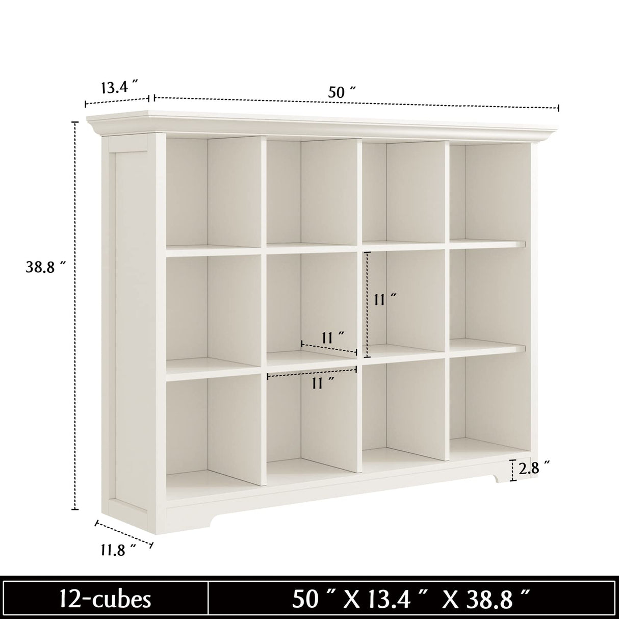 OSCHF Wooden Cube Bookcase with Base - Modern 3 Tiers Floor Standing Open Shelf Cabinet for Home and Office, 12-Cube Lattice Bookshelf, Warm White OSCHF