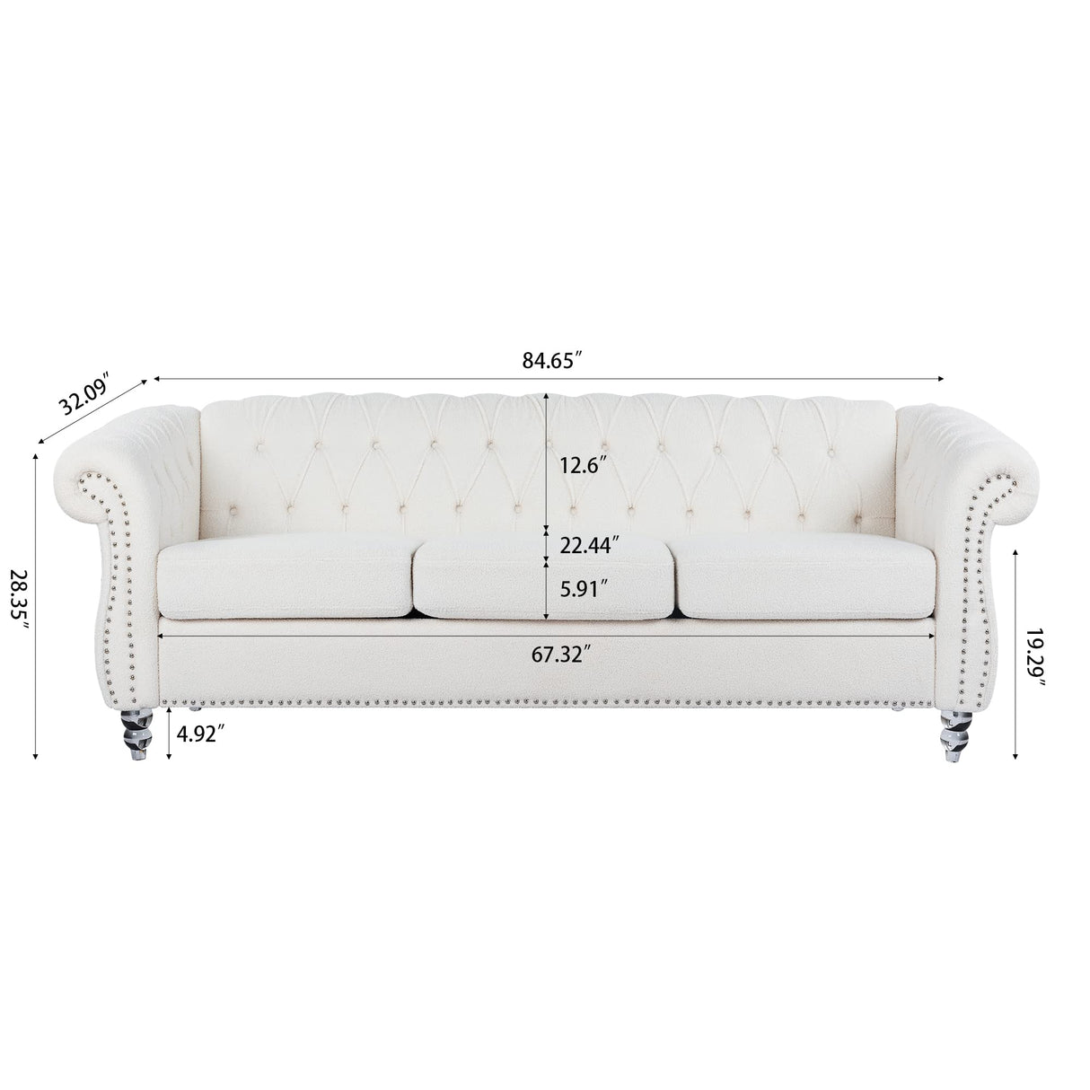 PHOYAL 3 Seater Sofa, Teddy Velvet Chesterfield Sofa Modern Tufted Couch 3 Seater Large Sofa with Scroll Arms and Nailhead for Living Room, White PHOYAL