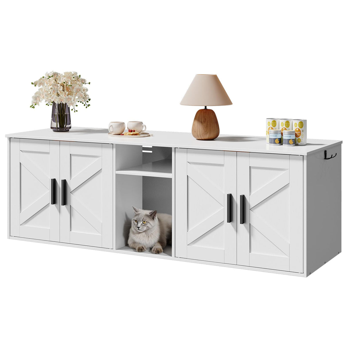 HOOBRO 58.3" Cat Litter Box Enclosure, Litter Box Furniture for 2 Cats, Cat House with Corridor, TV Stand with Storage, Double Litter Box Cabinet with Hooks, Wooden Cat Furniture, White WT15MW01 HOOBRO