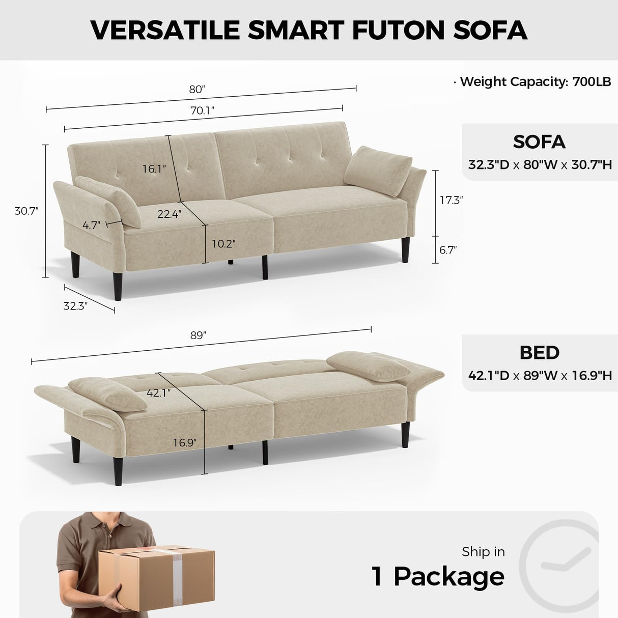 COPIAE 89” Futon Sofa Bed, Velvet Fabric Comfy Futon Couch Bed with 2 Square Pillows, Convertible Sleeper Sofa with Adjustable Backrest& Armrests, Modern Loveseat Sleeper for Living Room, Beige COPIAE