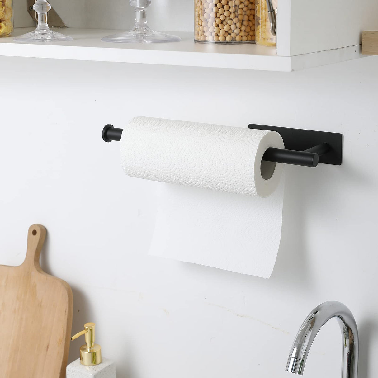 theaoo Paper Towel Holder - Under Cabinet Paper Towel Holder for Kitchen, Adhesive Paper Towel Roll Rack for Bathroom Towel, Wall Mounted Matte Black Paper Towel Rack, SUS304 Stainless Steel theaoo