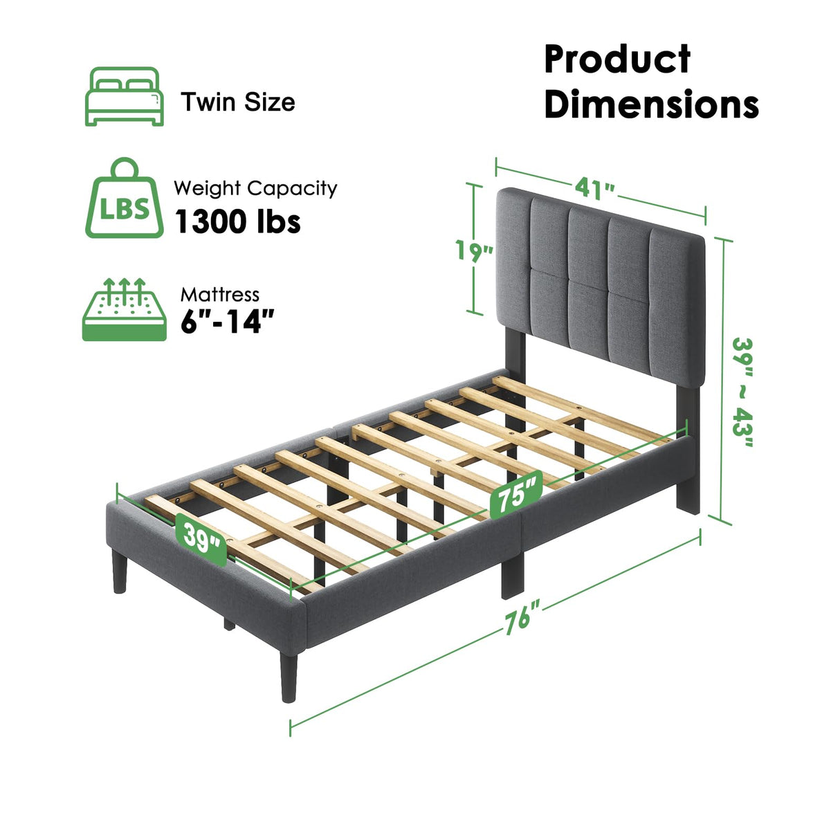 Marsail Twin Size Bed Frame with Headboard, Sturdy and Durable with 12 Support Legs, 1300 lbs Capacity, Solid Wooden Upholstered Adjustable Headboard for 6"-12" Mattresses, Easy Assembly,Dark Gray Marsail