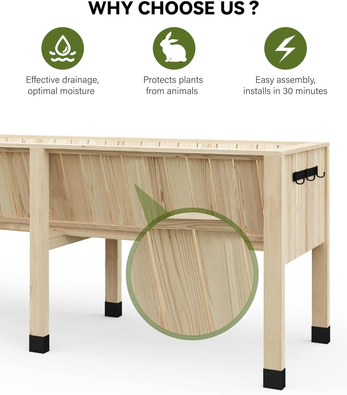 KYBOLT 45x23x30 Inch Raised Garden Bed with Legs, 13.7In Depth Wooden Planter Box for Outdoor Growing Vegetables and Herbs, Elevated Garden Bed with Hooks for Backyard, Patio, Balcony KYBOLT