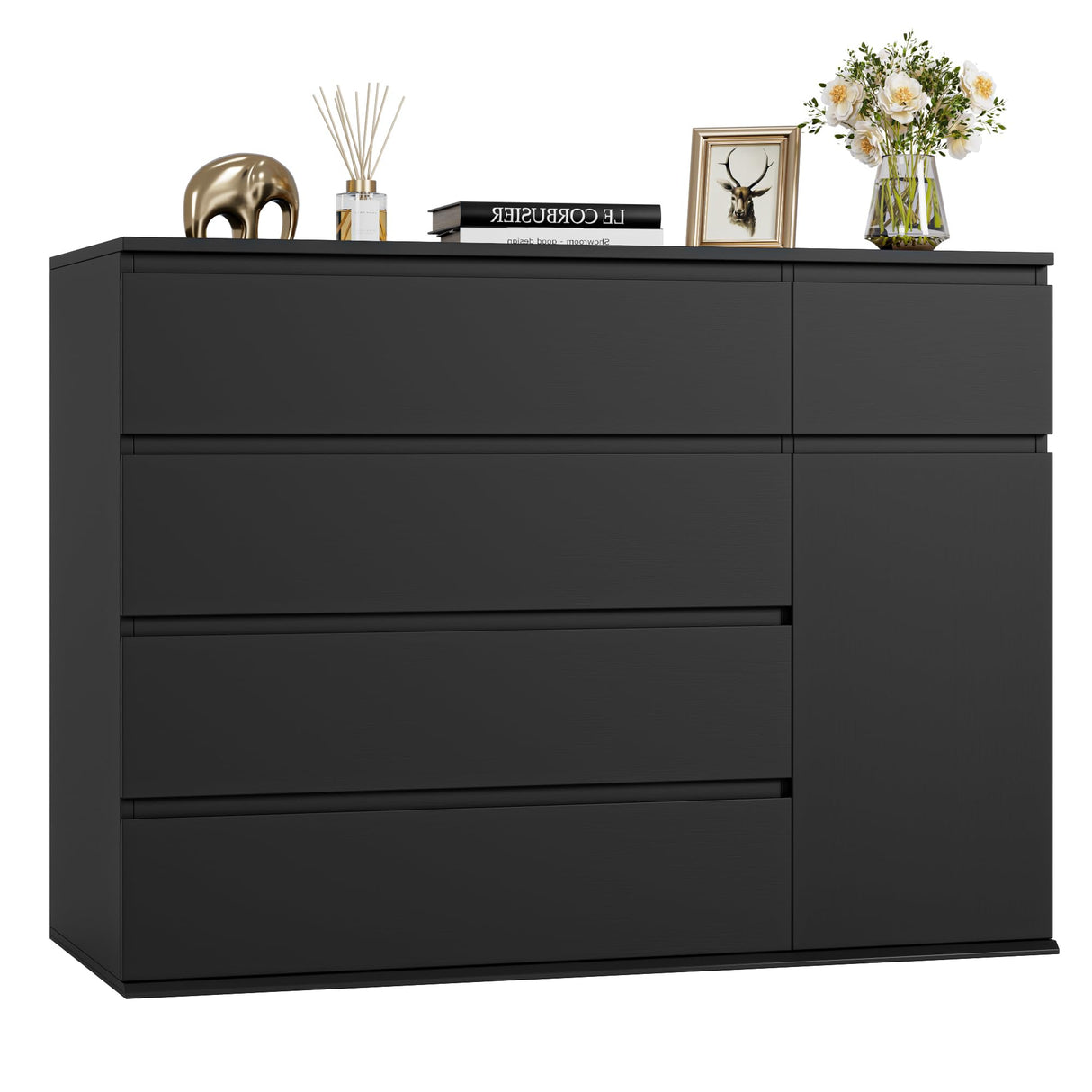 FOTOSOK 5 Drawer Dresser, Black Dresser for TV Stand, Double Wide Storage Chest of Drawers with Door, Deep Drawers and Wide Storage Space FOTOSOK