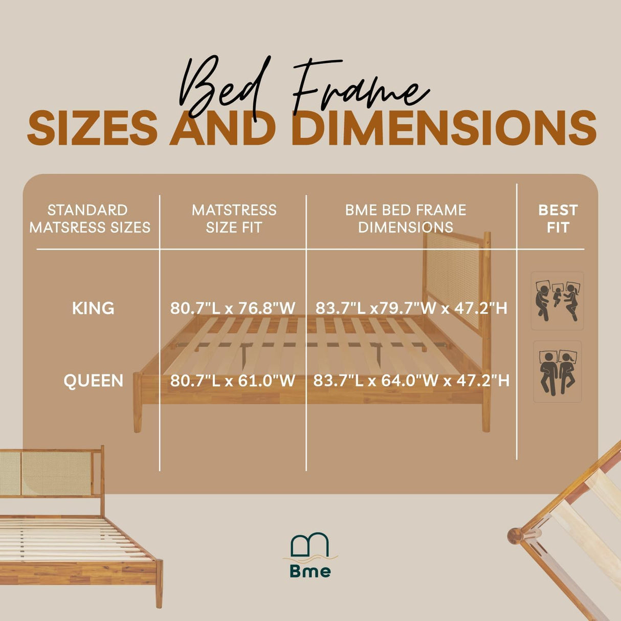 Bme Oliver Headboard Queen Size Bed Frame - 15-Inch Signature Design with Rattan Headboard, Bohemian and Mid Century Style, 12-Slat Wood Support, No Box Spring Needed - Easy Assembly, Caramel Bme