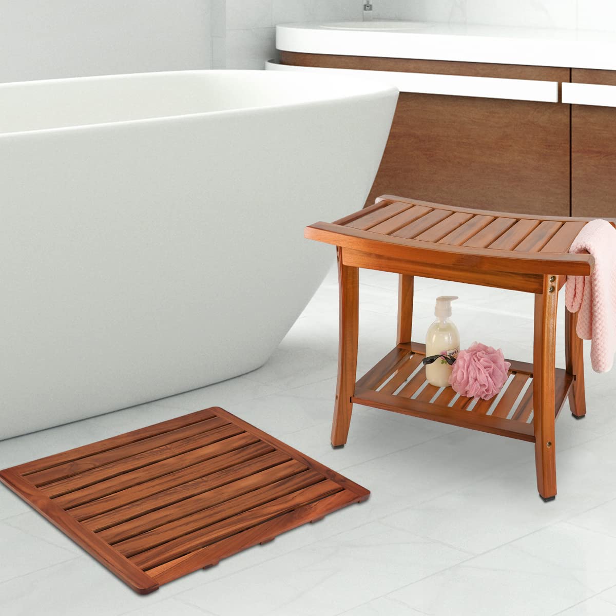 Utoplike (32"x18" Teak Wood Bath Mat, Shower Mat for Bathroom, Wooden Floor Mat Square Large for Spa Home or Outdoor Utoplike
